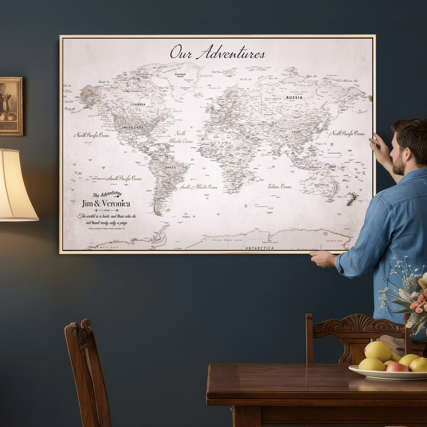 55881143-MGV-FC-36X24 - Personalized Push Pin World Map Wall Art Canvas Print with Pins – Customize Travel Tracker Map for Home and Office Décor