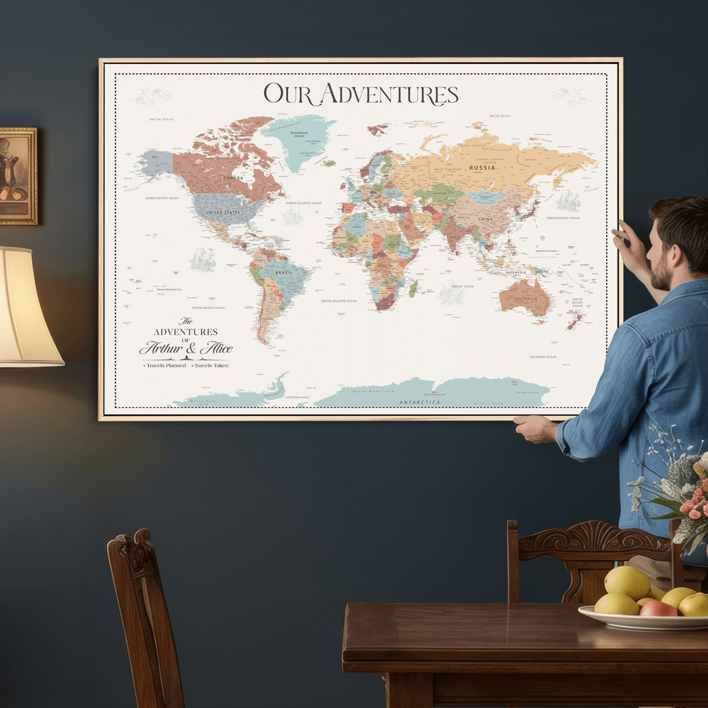 63033739-MGV-FC-36X24 - Personalized Push Pin World Map Wall Art Canvas Print with Pins – Customize Travel Tracker Map for Home and Office Décor