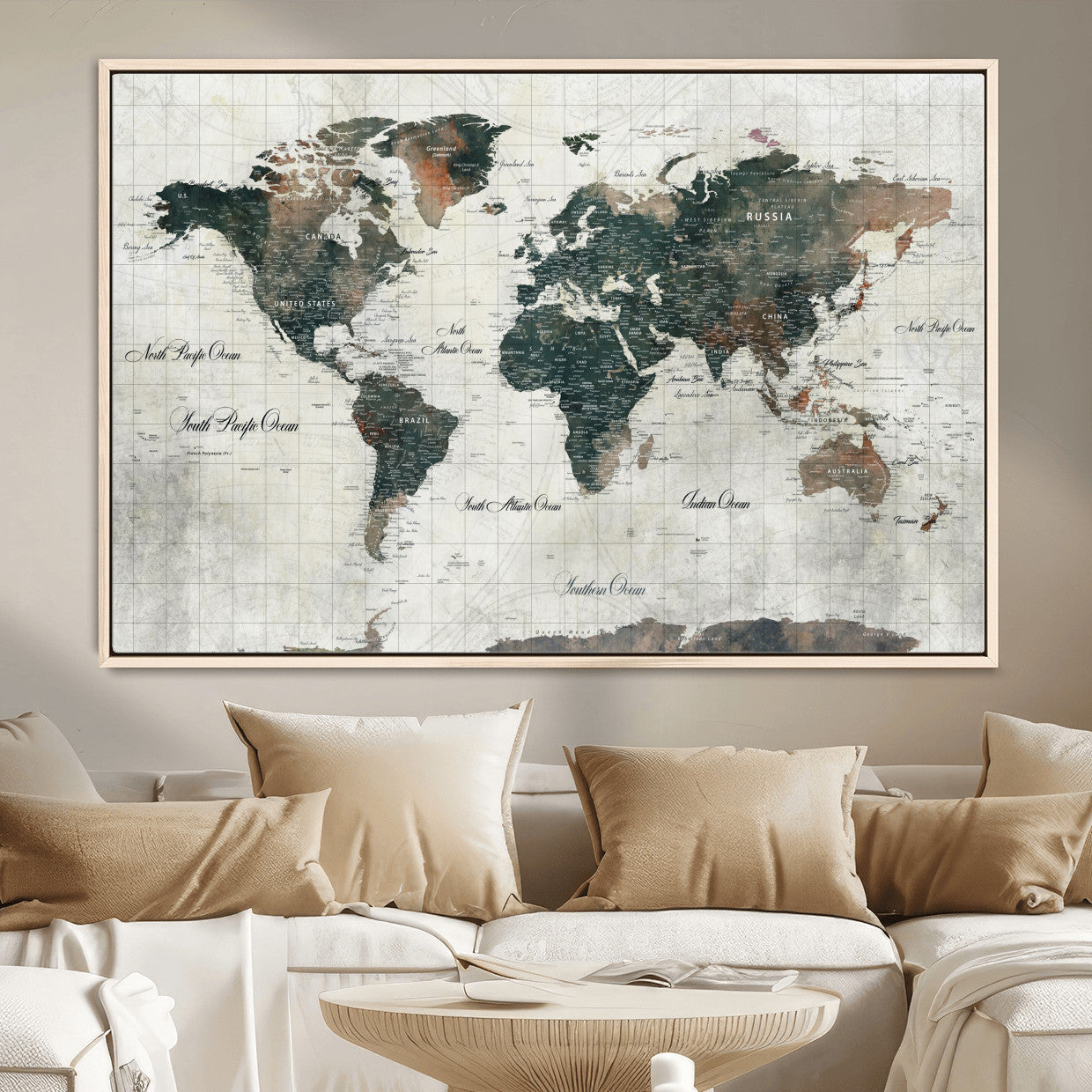 90149079-MGV-FC-36X24 - World Map Wall Art Canvas Print, Modern Decorative Framed Map Artwork Prints for Living Room, Office, Bedroom Wall Decor