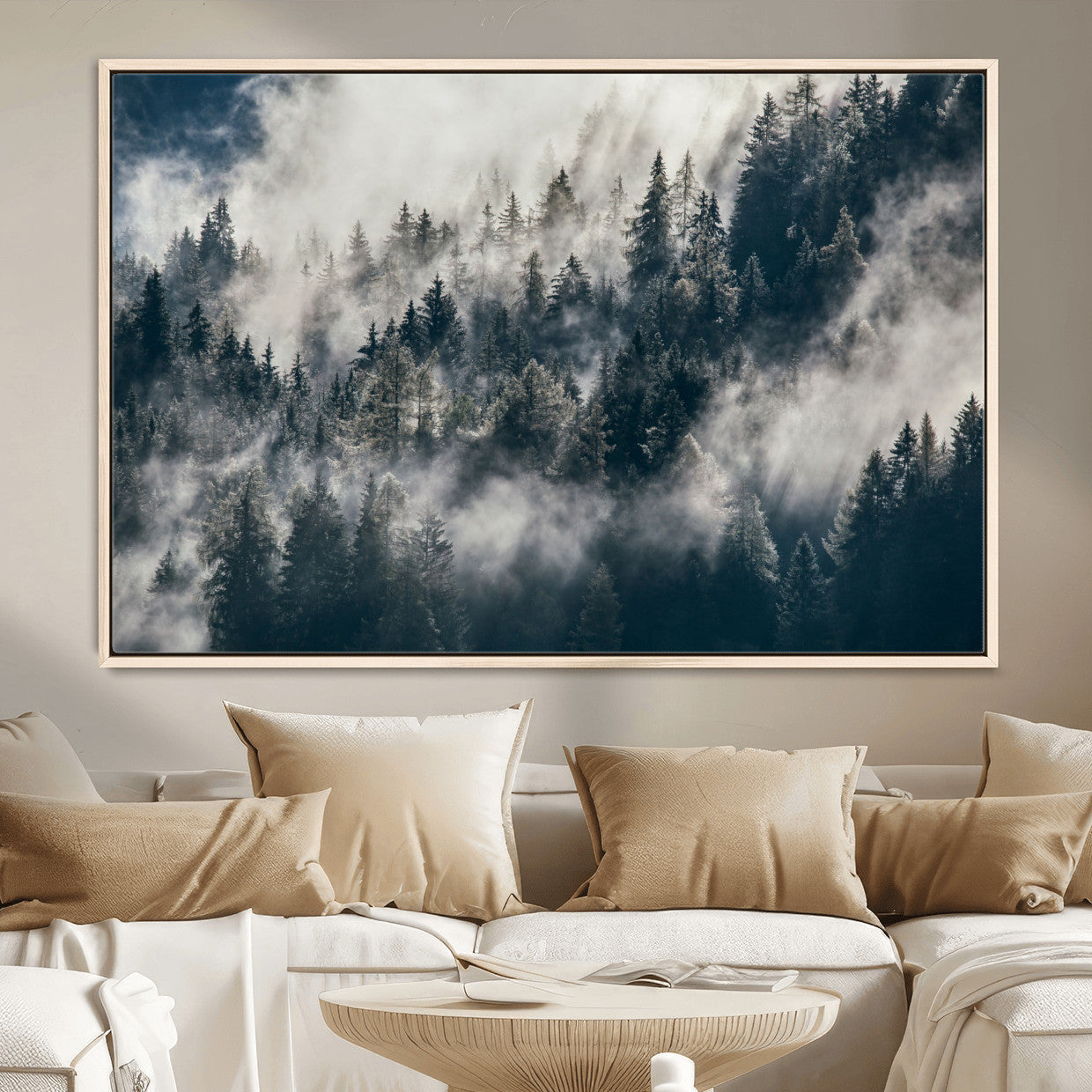 270372951-MGV-FC-36X24 - Misty Pine Forest Canvas Wall Art – Dark Forest Mountaing and Nature Landscape Print, Horizontal Canvas Print