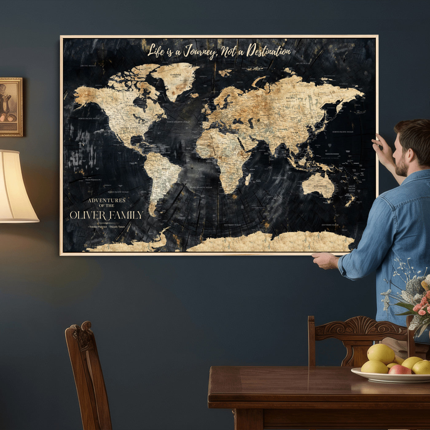 20317961-MGV-FC-36X24 - Customized Push Pin World Map Wall Art Canvas Print with Pins, Framed Personalize Travel Tracker Map, World Map for Living Room and Office Decor