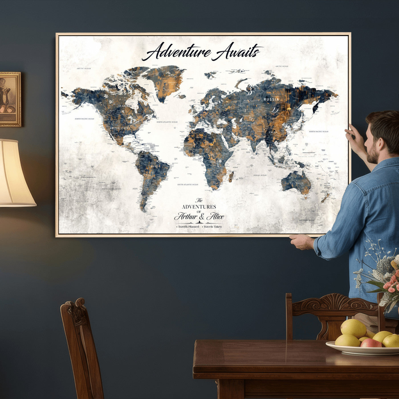 68986086-MGV-FC-36X24 - Customized Push Pin World Map Wall Art Canvas Print with Pins, Framed Personalize Travel Tracker Map, World Map for Office Decor
