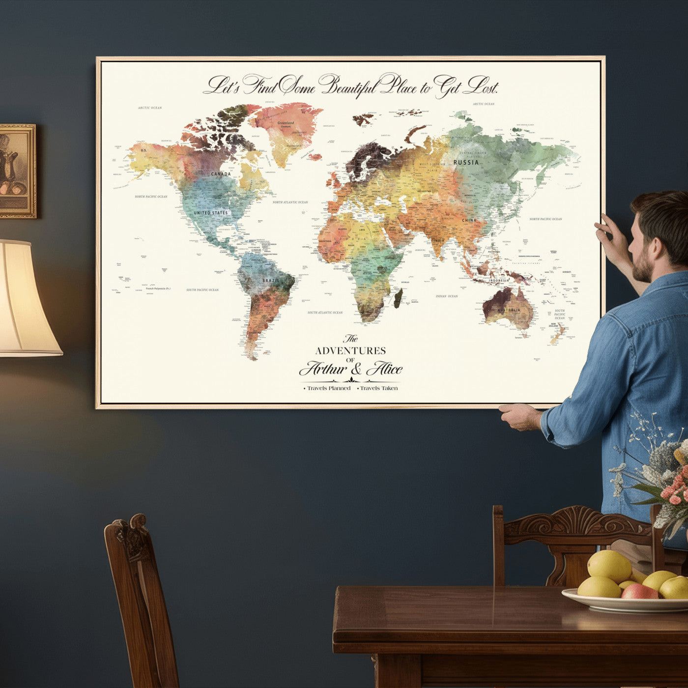 67119830-MGV-FC-36X24 - Customized Push Pin World Map Wall Art Canvas Print with Pins, Framed Personalize Travel Tracker Map, World Map for Living Room and Office Decor