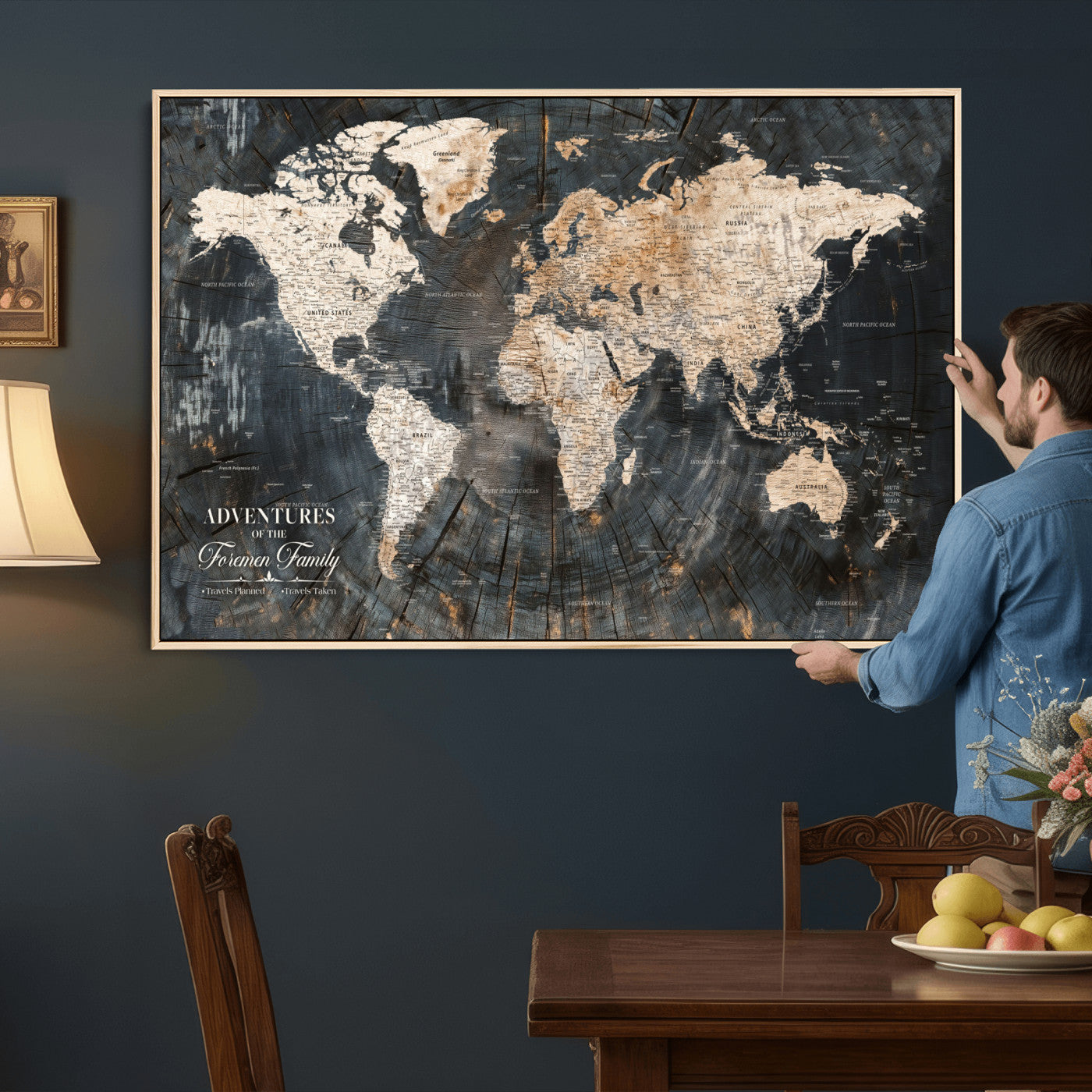 74461965-MGV-FC-36X24 - Customized Push Pin World Map Wall Art Canvas Print with Pins, Framed Personalize Travel Tracker Map, World Map for Living Room and Office Decor