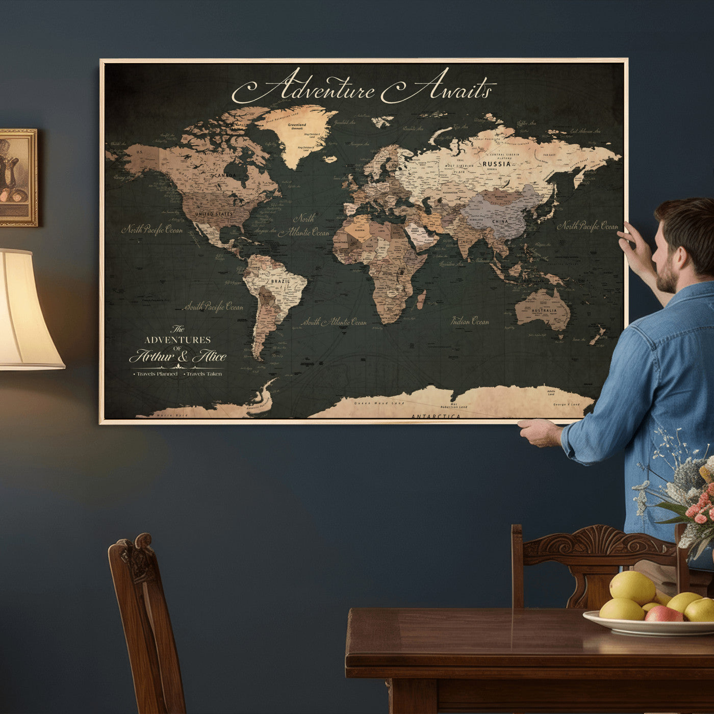 74987709-MGV-CV-36X24 - Custom Push Pin World Map Wall Art Canvas Print – Personalized Travel Tracker with Pins Framed Large for Home and Office Decor