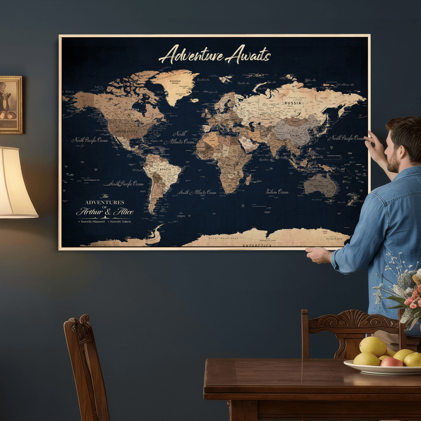 64110301-MGV-CV-36X24 - Custom Push Pin World Map Wall Art Canvas Print - Personalized Travel Tracker with Pins Framed Large for Home and Office Decor