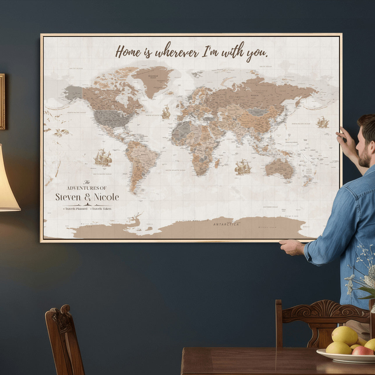 25831578-MGV-CV-36X24 - Custom Push Pin World Map Wall Art Canvas Print – Personalized Travel Tracker with Pins Framed Large for Home and Office Decor