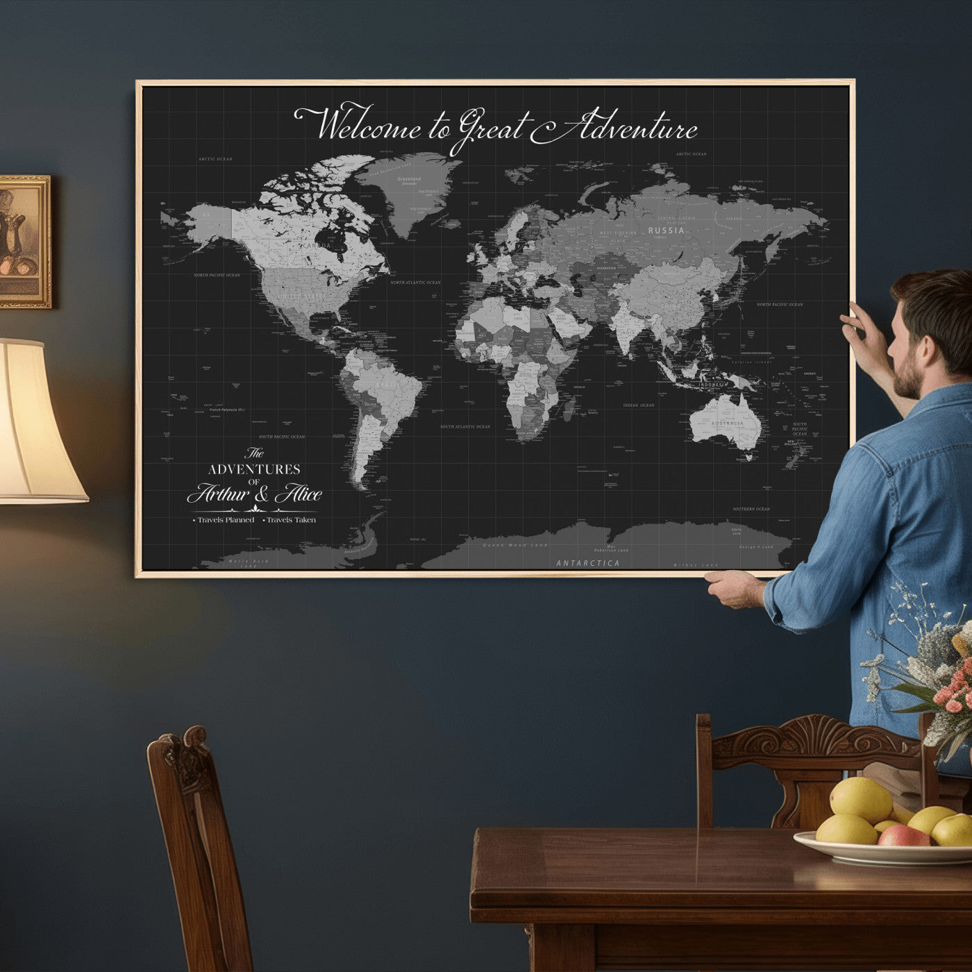 57127599-MGV-CV-36X24 - Custom Push Pin World Map Wall Art Canvas Print – Personalized Travel Tracker with Pins Framed Large for Home and Office Decor