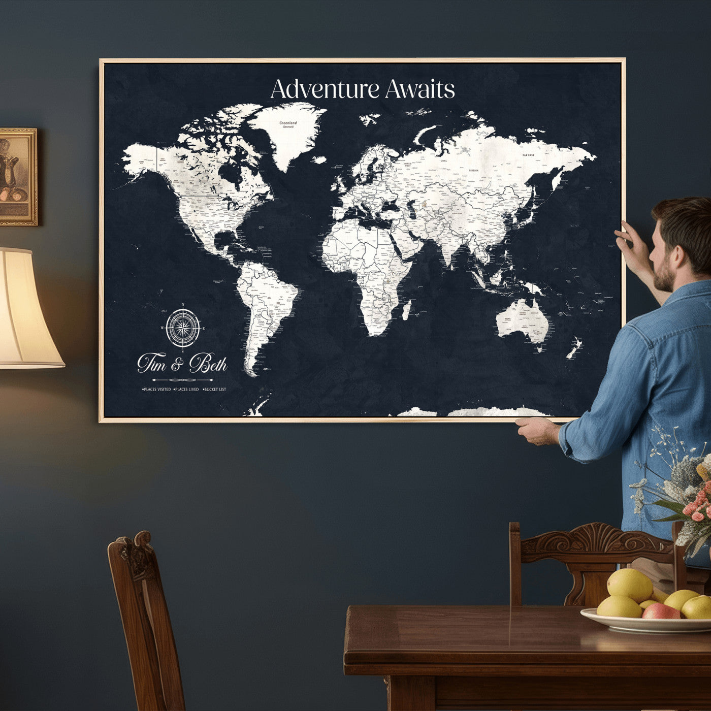 84045875-MGV-CV-36X24 - Custom Push Pin World Map Wall Art Canvas Print – Personalized Travel Tracker with Pins Framed Large for Home and Office Decor