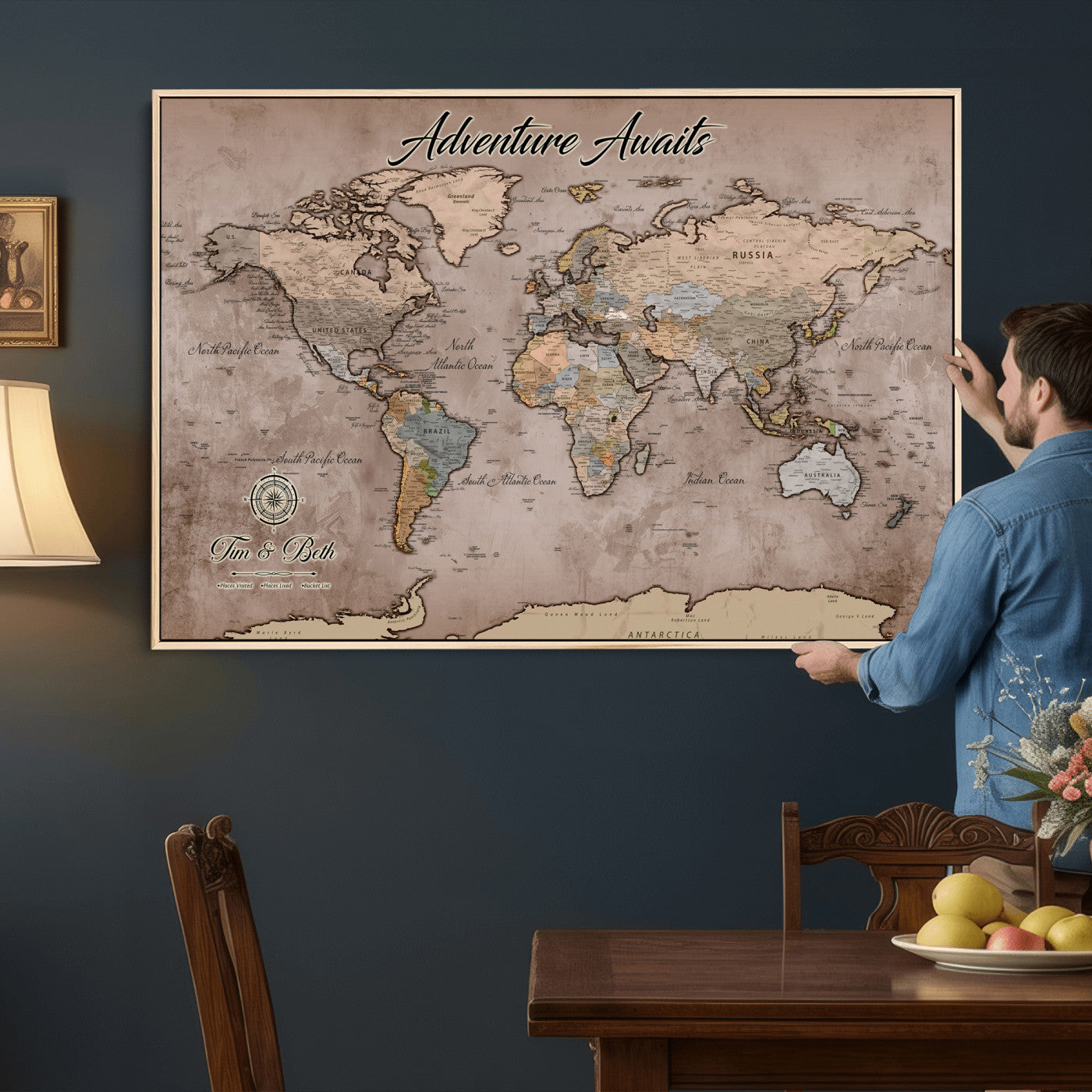 30508877-MGV-CV-36X24 - Custom Push Pin World Map Wall Art Canvas Print – Personalized Travel Tracker with Pins Framed Large for Home and Office Decor