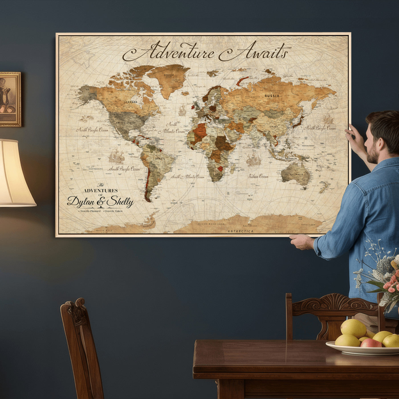 96009630-MGV-CV-36X24 - Custom Push Pin World Map Wall Art Canvas Print – Personalized Travel Tracker with Pins Framed Large for Home and Office Decor