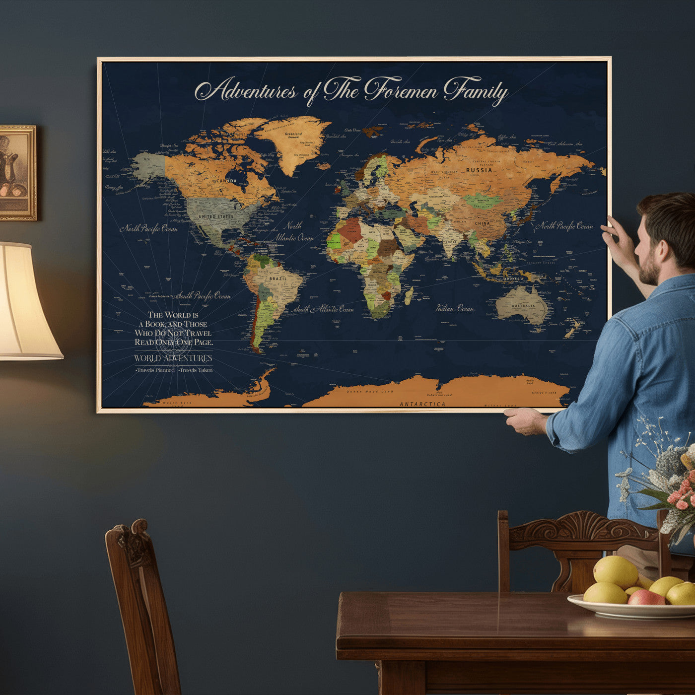 84352304-MGV-CV-36X24 - Custom Push Pin World Map Wall Art Canvas Print – Personalized Travel Tracker with Pins Framed Large for Home and Office Decor
