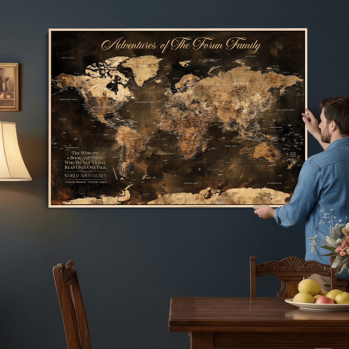 20594960-MGV-CV-36X24 - Custom Push Pin World Map Wall Art Canvas Print – Personalized Travel Tracker with Pins Framed Large for Home and Office Decor
