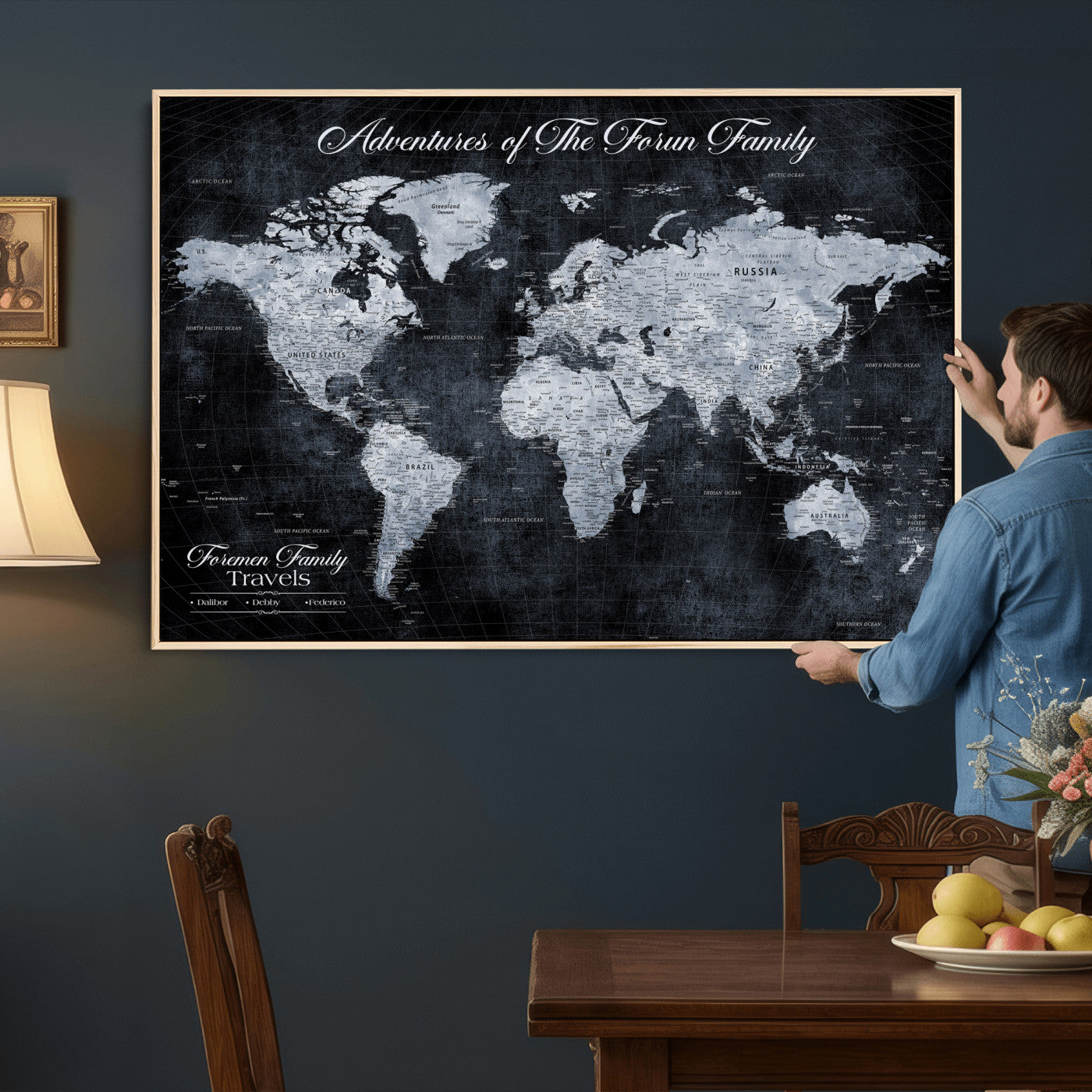 26826520-MGV-CV-36X24 - Custom Push Pin World Map Wall Art Canvas Print – Personalized Travel Tracker with Pins Framed Large for Home and Office Decor