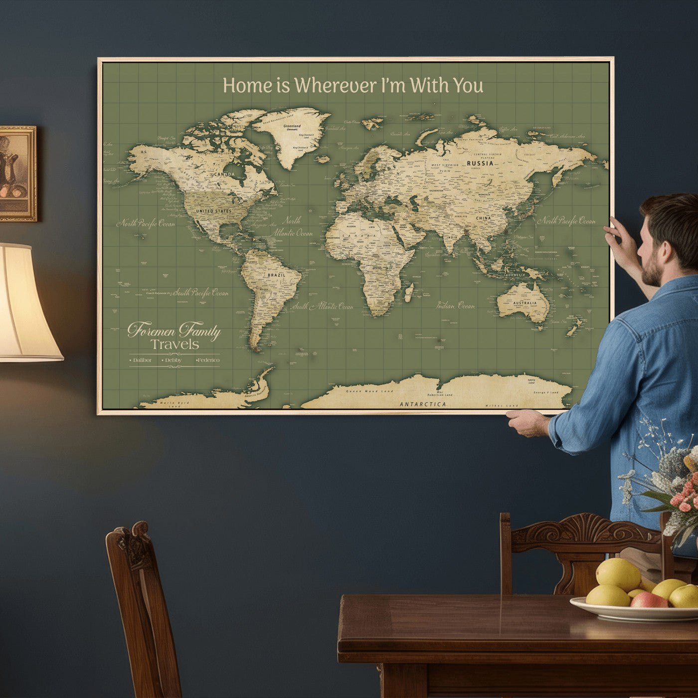 88521244-MGV-CV-36X24 - Custom Push Pin World Map Wall Art Canvas Print – Personalized Travel Tracker with Pins Framed Large for Home and Office Decor