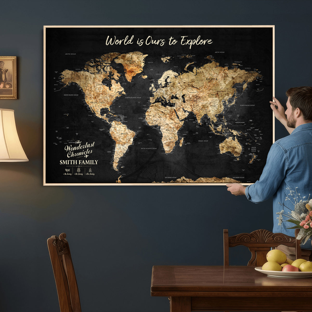 73732636-MGV-CV-36X24 - Custom Push Pin World Map Wall Art Canvas Print – Personalized Travel Tracker with Pins Framed Large for Home and Office Decor