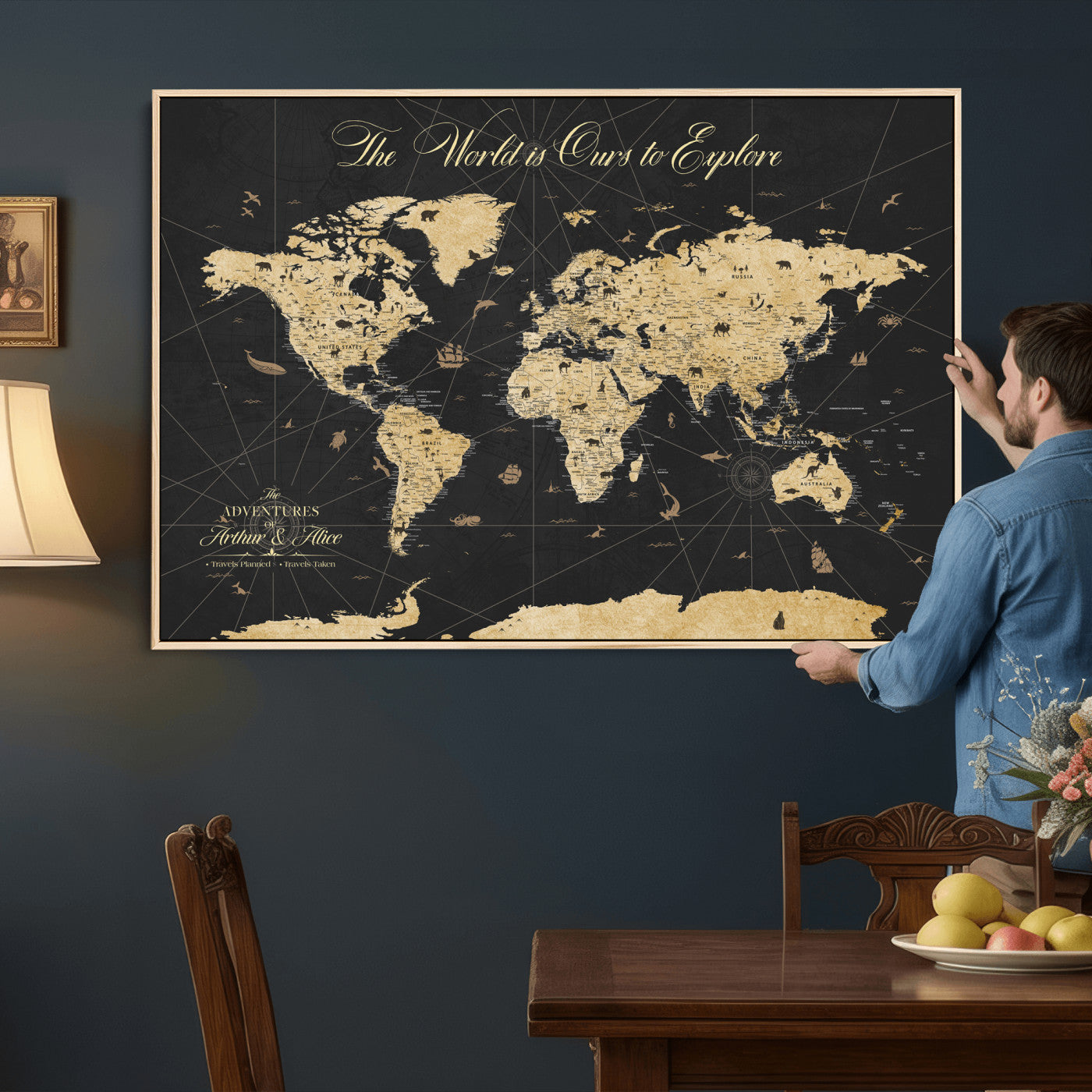 54097664-MGV-CV-36X24 - Custom Push Pin World Map Wall Art Canvas Print – Personalized Travel Tracker with Pins Framed Large for Home and Office Decor