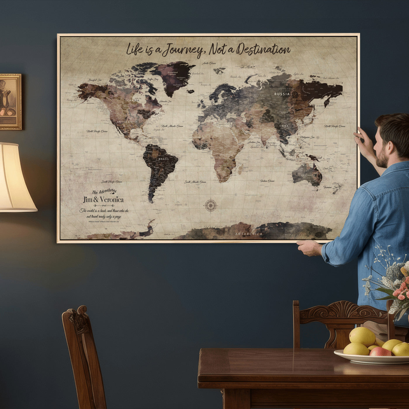 58257942-MGV-CV-36X24 - Custom Push Pin World Map Wall Art Canvas Print – Personalized Travel Tracker with Pins Framed Large for Home and Office Decor