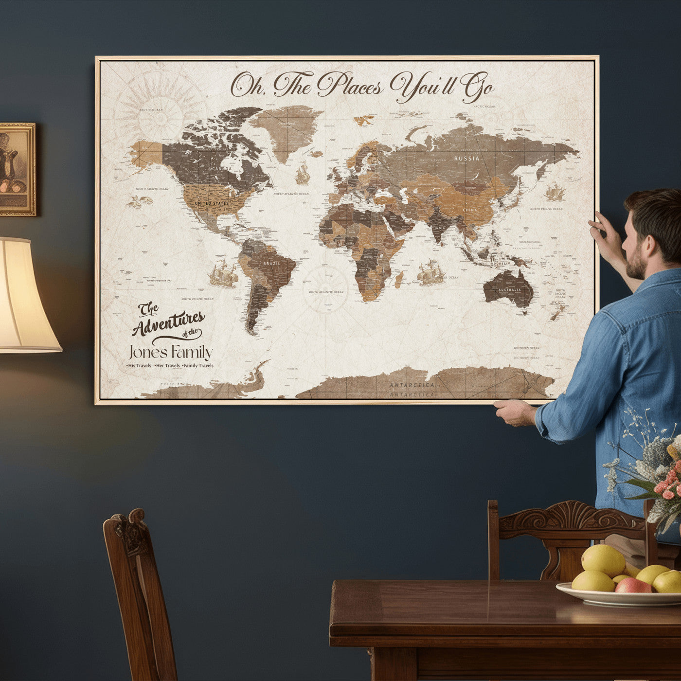 99085321-MGV-CV-36X24 - Custom Push Pin World Map Wall Art Canvas Print – Personalized Travel Tracker with Pins Framed Large for Home and Office Decor