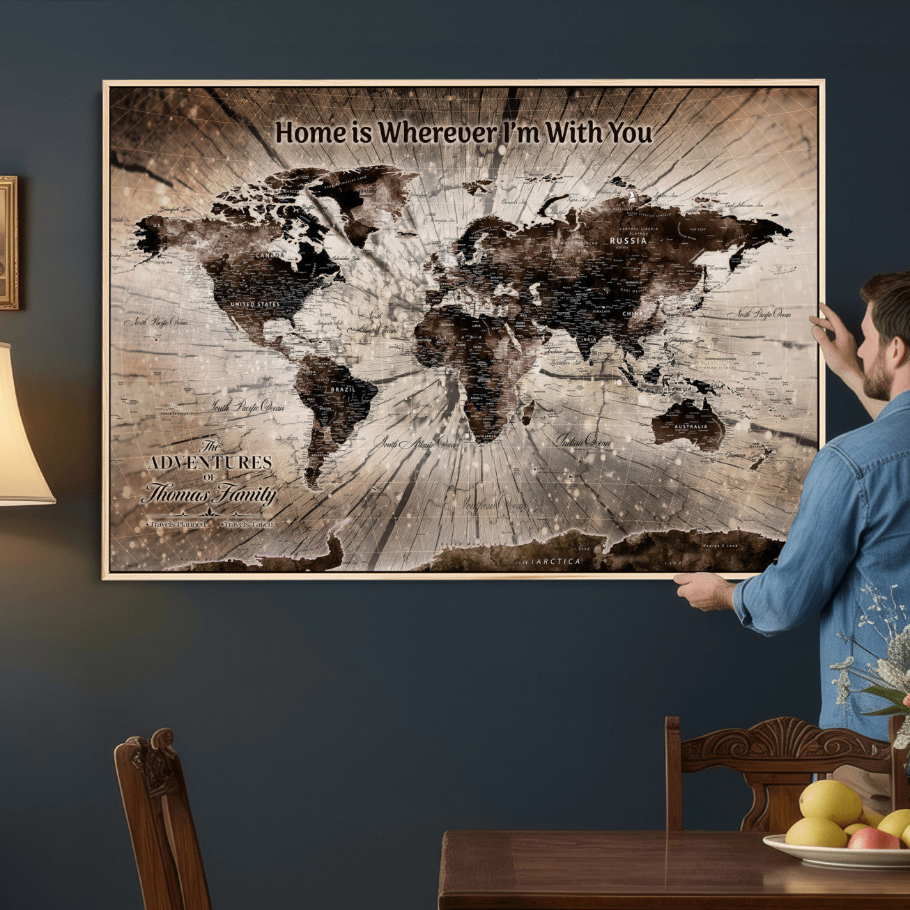 12350515-MGV-CV-36X24 - Custom Push Pin World Map Wall Art Canvas Print – Personalized Travel Tracker with Pins Framed Large for Home and Office Decor