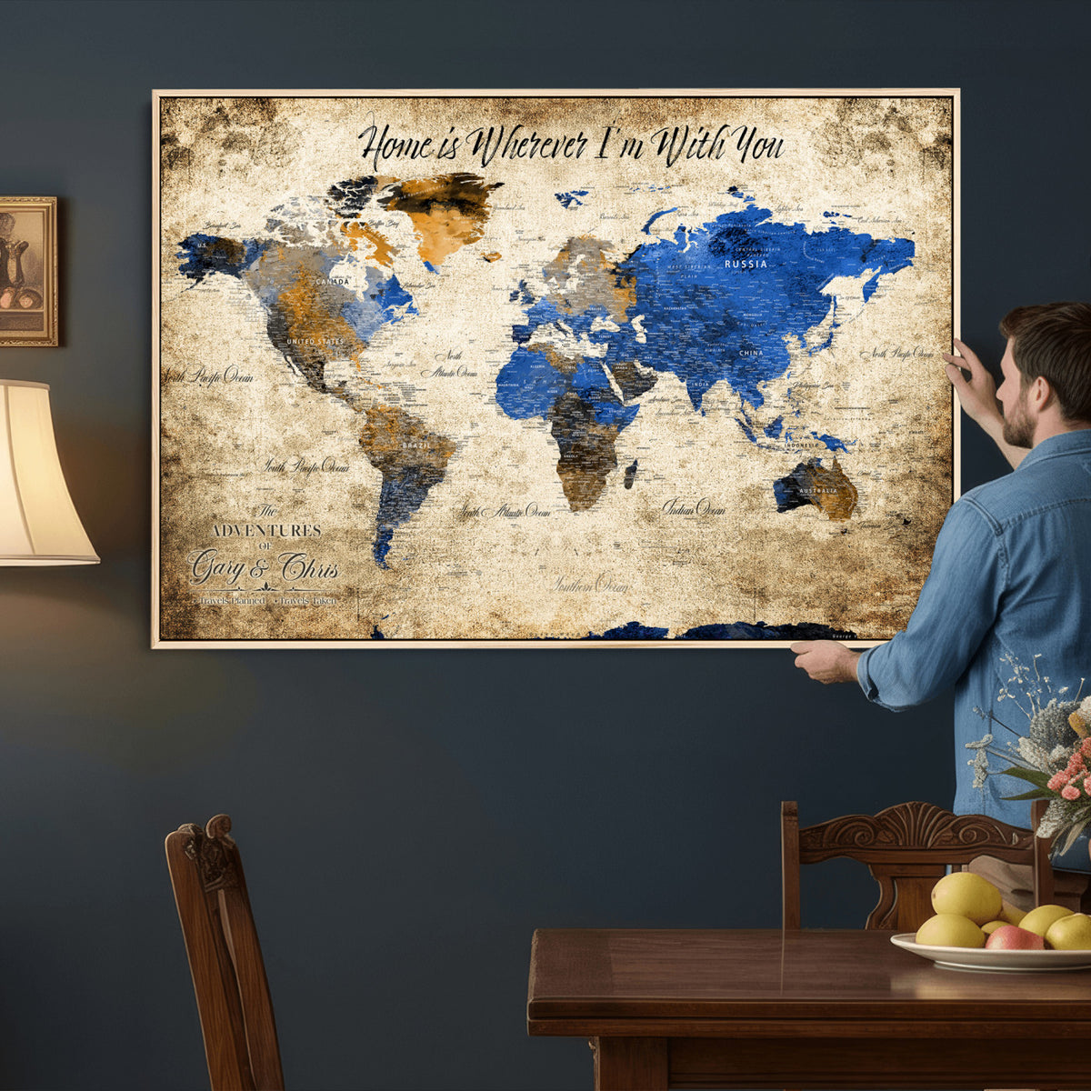 13332533-MGV-CV-36X24 - Personalized Framed Beige World Map Canvas with Push Pins, Honeymoon and Anniversary Gift, Living Room and Home Office Decor