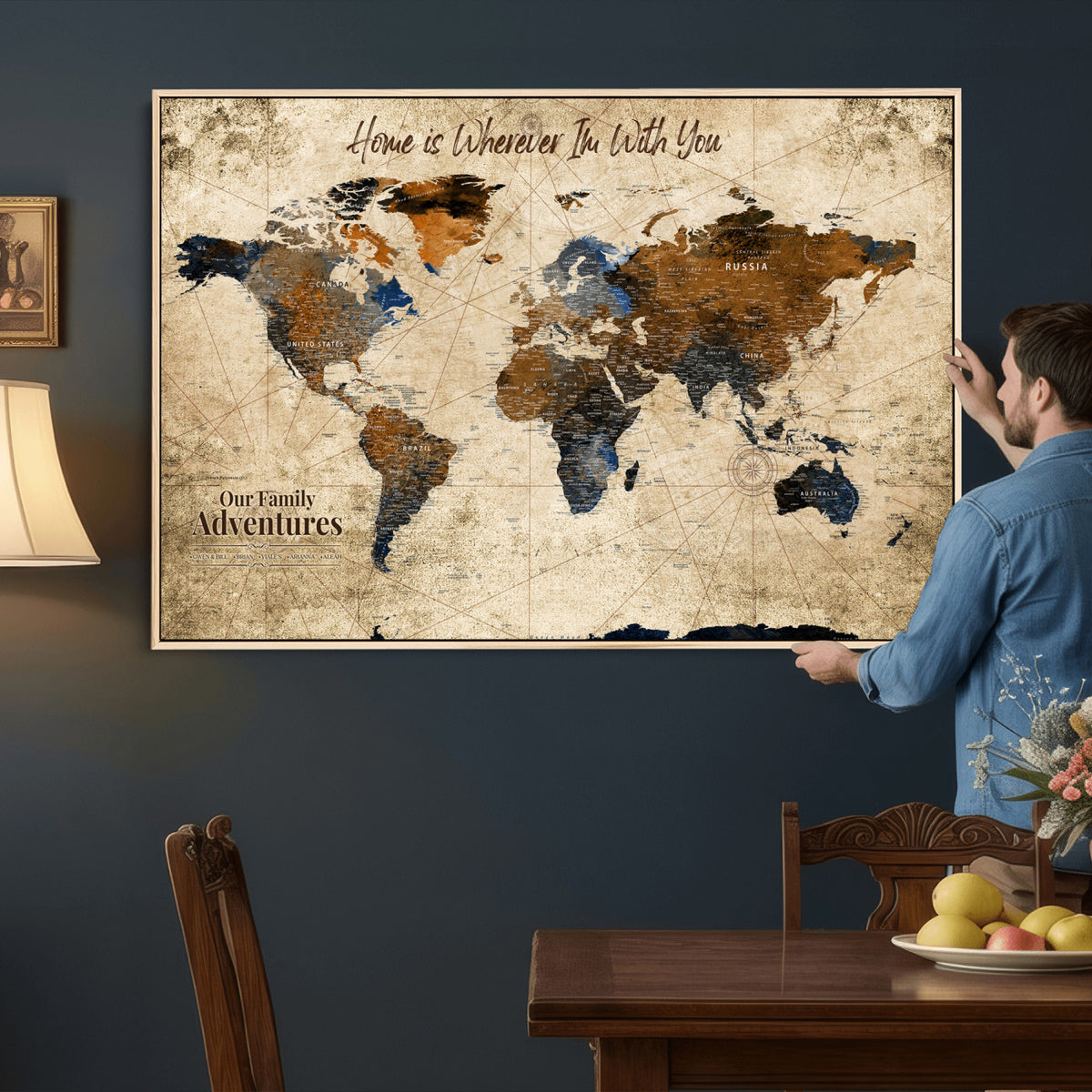 17548029-MGV-CV-36X24 - Personalized Framed Beige Modern Push Pin World Map Canvas Print, Bucket List Map, Home Office and Study Decor