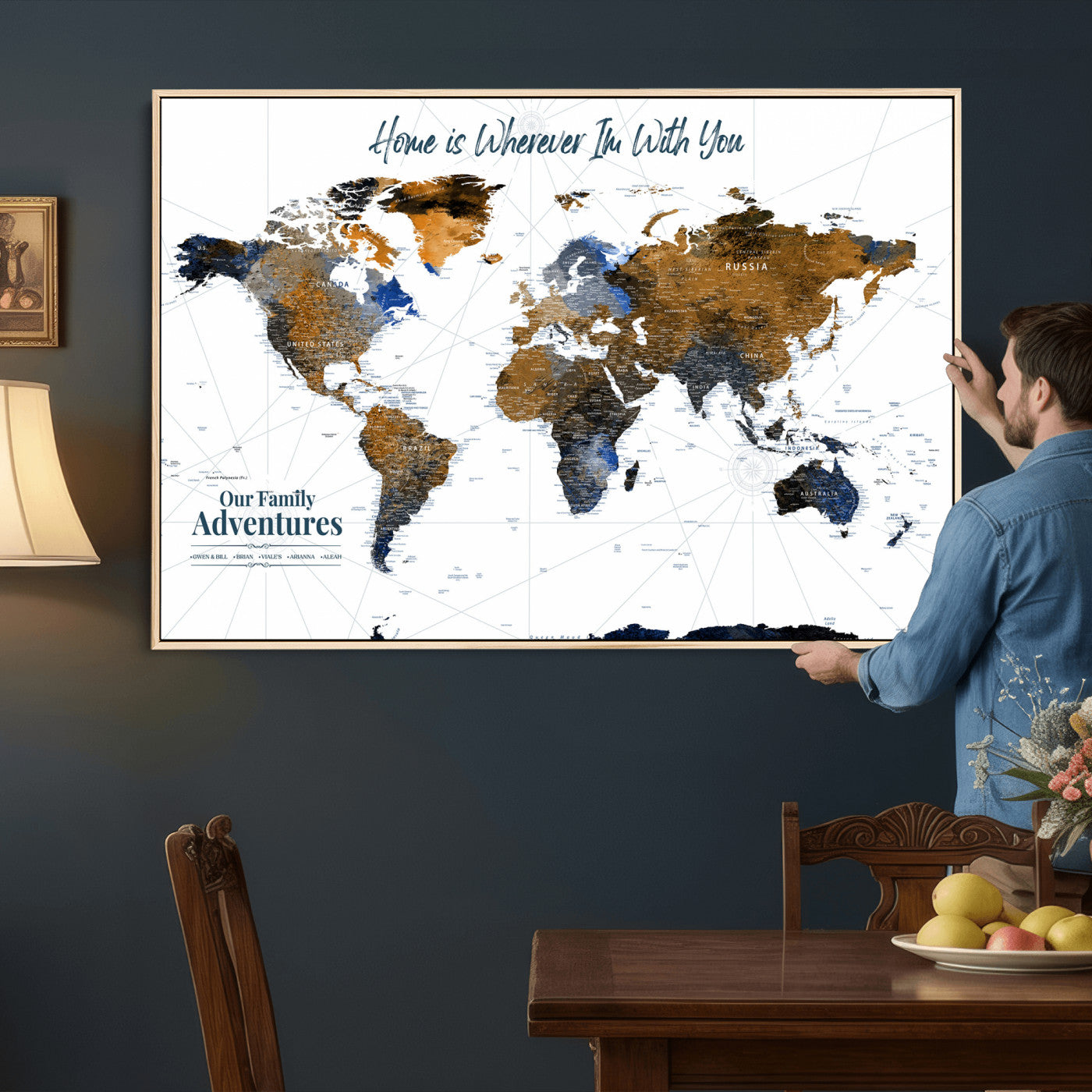 75259864-MGV-CV-36X24 - Custom Push Pin World Map Wall Art Canvas Print – Personalized Travel Tracker with Pins Framed Large for Home and Office Decor