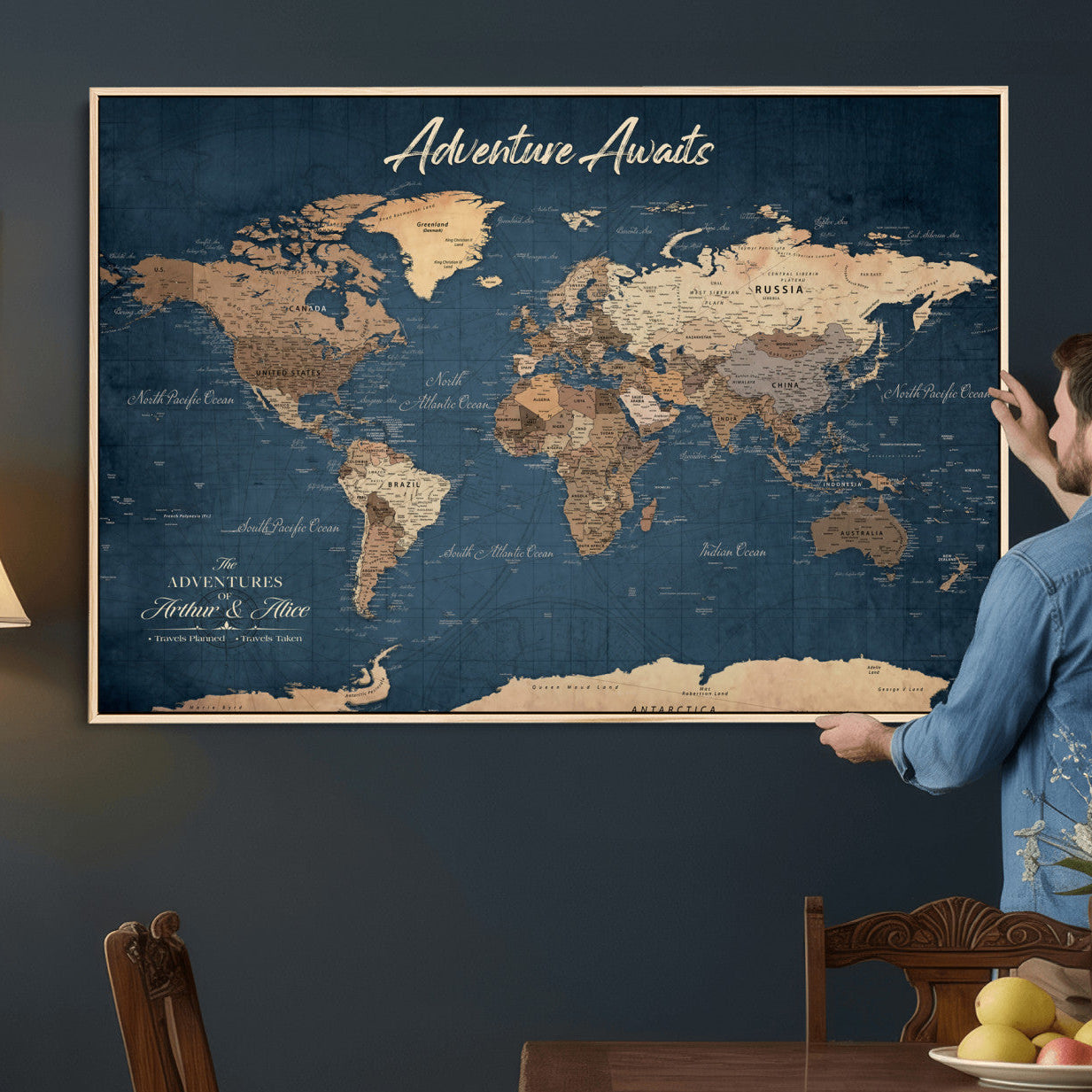 64110391-MGV-CV-36X24 - Custom Push Pin World Map Wall Art Canvas Print – Personalized Travel Tracker with Pins Framed Large for Home and Office Decor