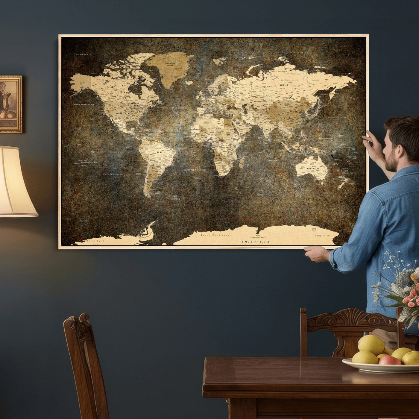89742472-MGV-CV-36X24 - World Map Wall Art Canvas Print, Modern Decorative Framed Map Artwork Prints for Living Room, Office, Bedroom Wall Decor