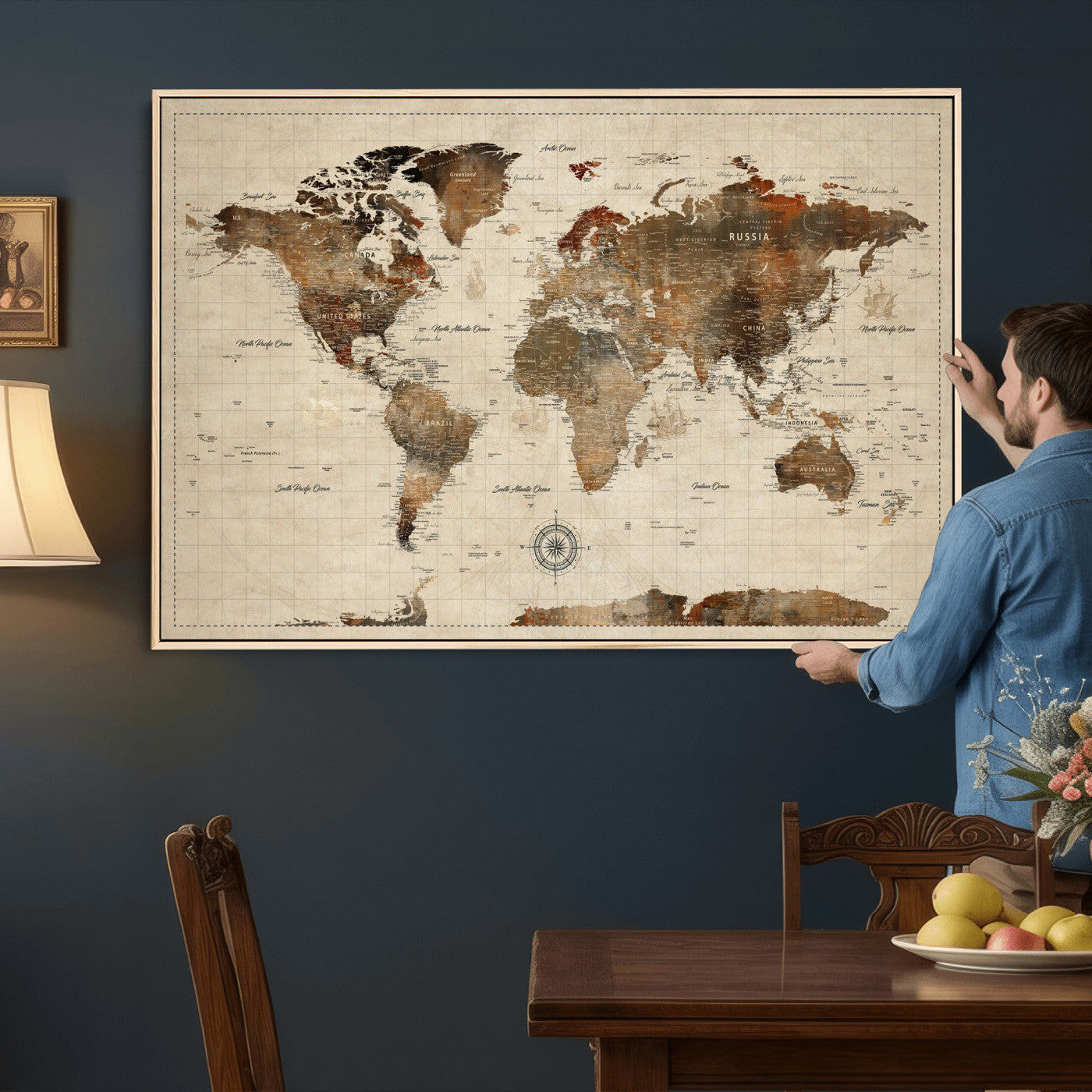 23610090-MGV-CV-36X24 - World Map Wall Art Canvas Print, Modern Decorative Framed Map Artwork Prints for Living Room, Office, Bedroom Wall Decor
