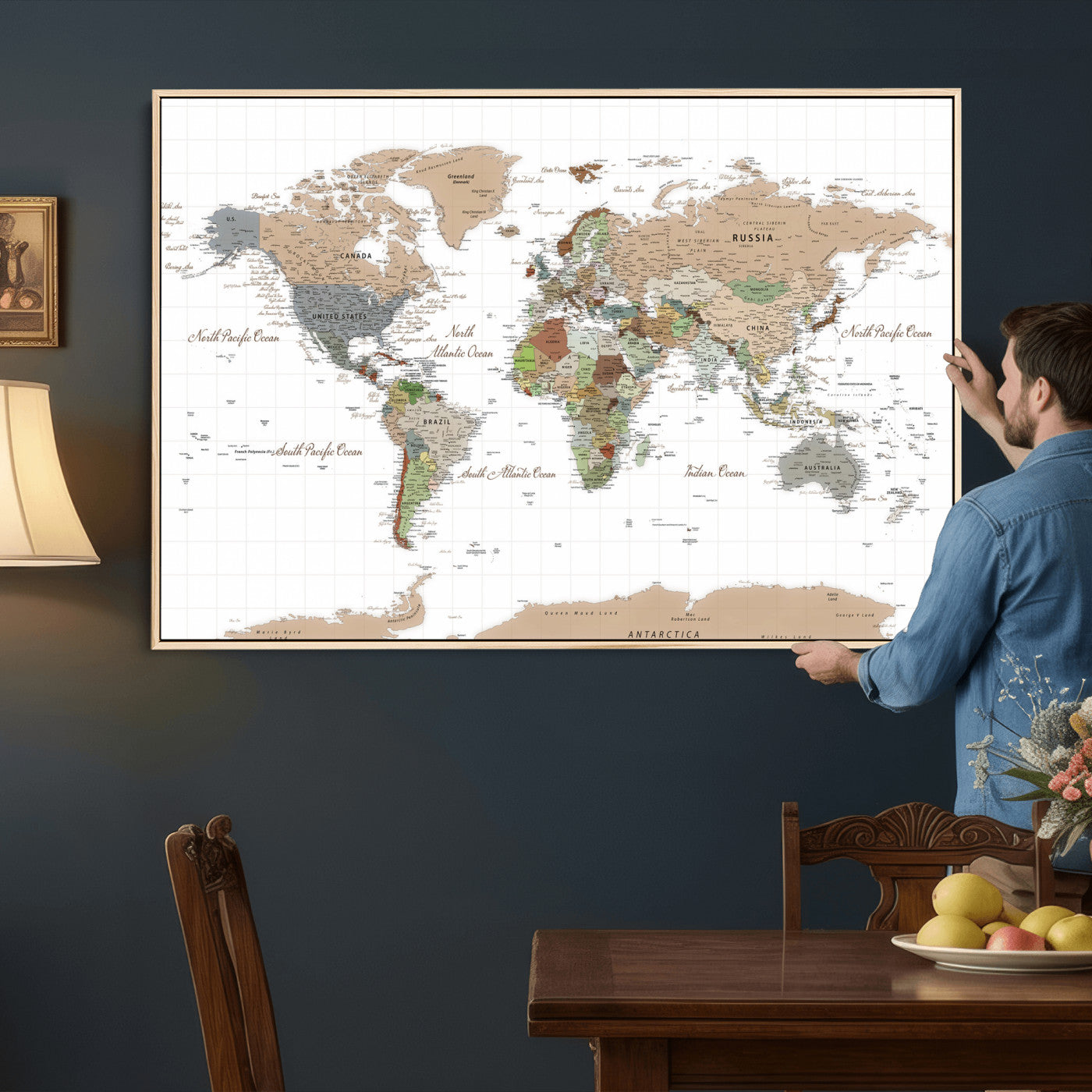 91286788-MGV-CV-36X24 - World Map Wall Art Canvas Print, Modern Decorative Framed Map Artwork Prints for Living Room, Office, Bedroom Wall Decor