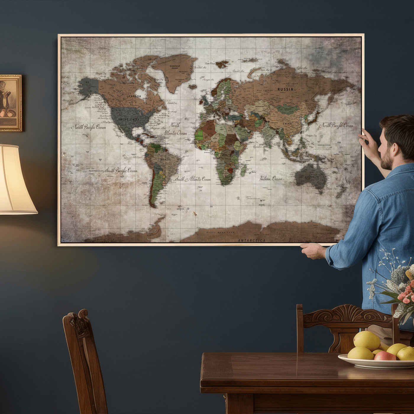 65393892-MGV-CV-36X24 - World Map Wall Art Canvas Print, Modern Decorative Framed Map Artwork Prints for Living Room, Office, Bedroom Wall Decor