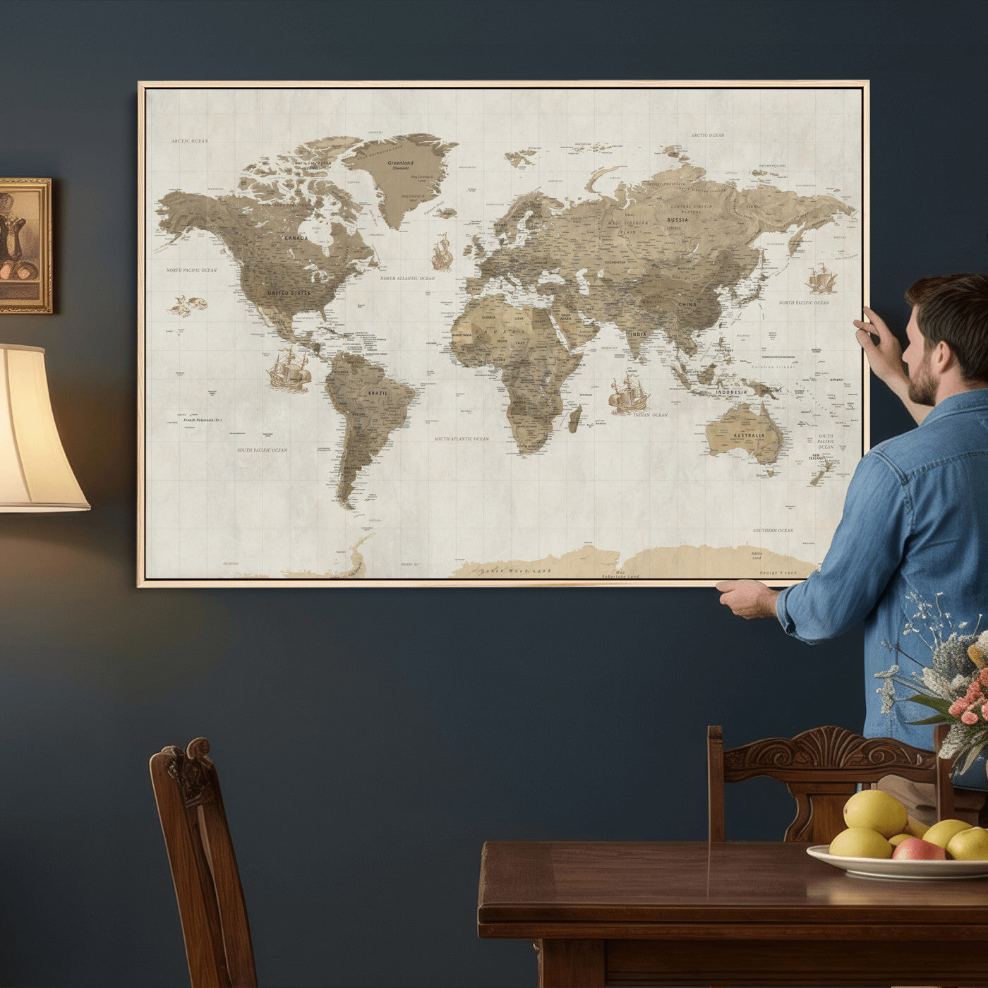 28283260-MGV-CV-36X24 - World Map Wall Art Canvas Print, Modern Decorative Framed Map Artwork Prints for Living Room, Office, Bedroom Wall Decor