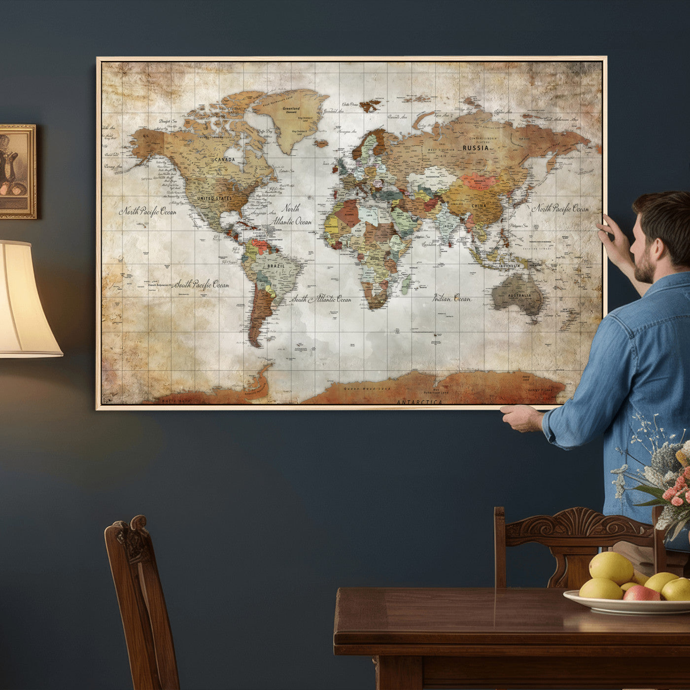 19855445-MGV-CV-36X24 - World Map Wall Art Canvas Print, Modern Decorative Framed Map Artwork Prints for Living Room, Office, Bedroom Wall Decor