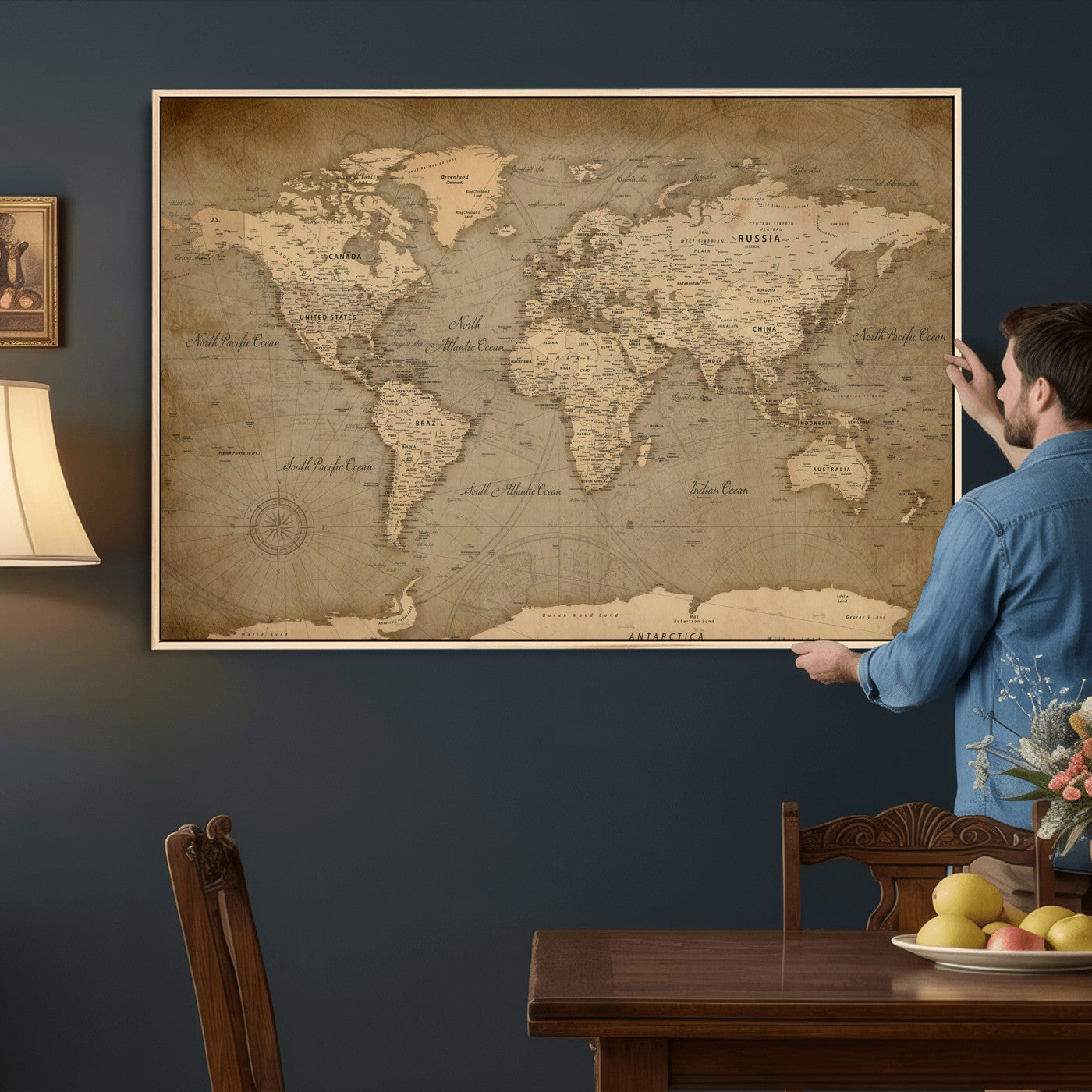 49946617-MGV-CV-36X24 - World Map Wall Art Canvas Print, Modern Decorative Framed Map Artwork Prints for Living Room, Office, Bedroom Wall Decor