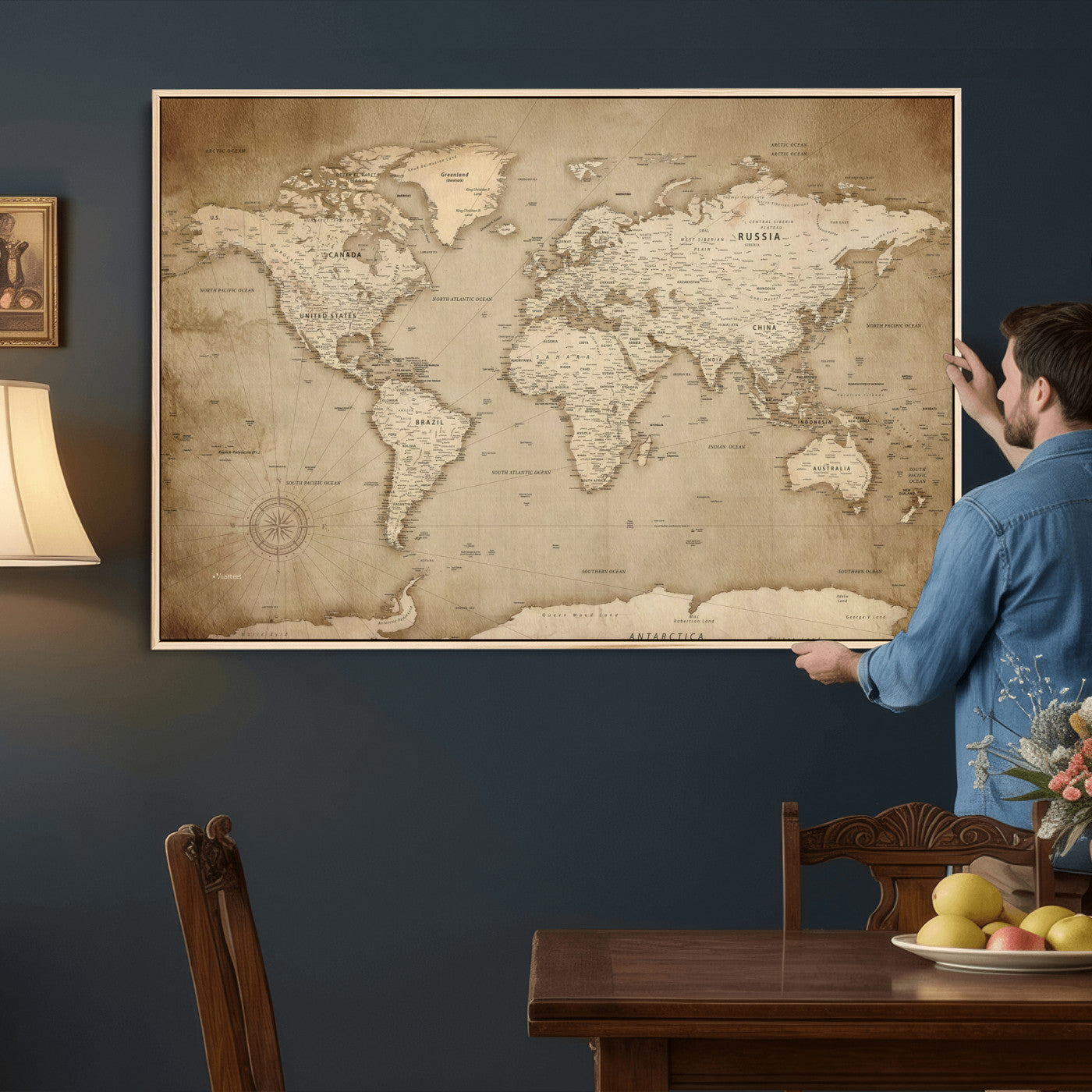 34795134-MGV-CV-36X24 - World Map Wall Art Canvas Print, Modern Decorative Framed Map Artwork Prints for Living Room, Office, Bedroom Wall Decor
