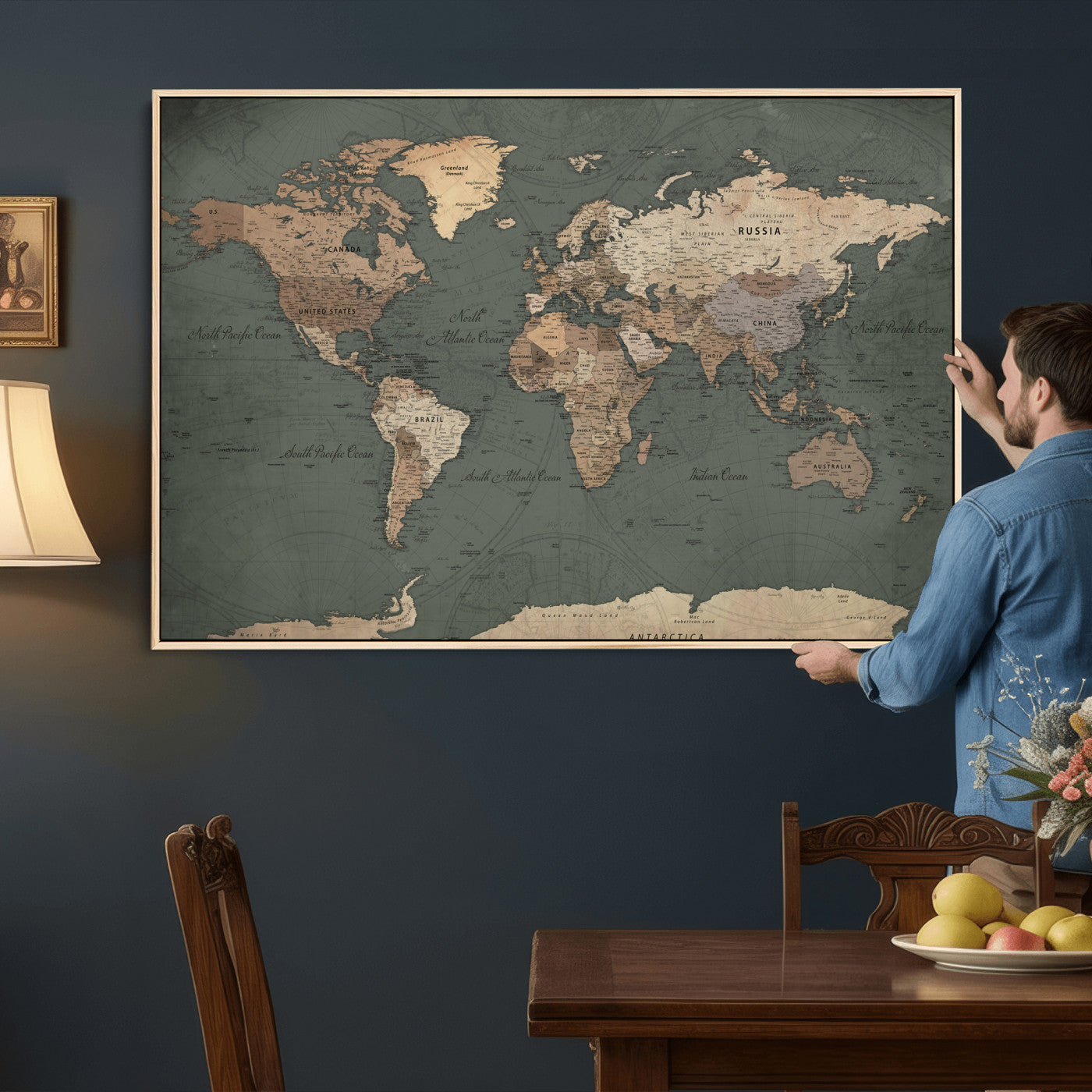 84619399-MGV-CV-36X24 - World Map Wall Art Canvas Print, Modern Decorative Framed Map Artwork Prints for Living Room, Office, Bedroom Wall Decor