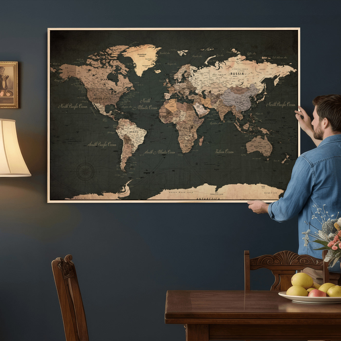 62059333-MGV-CV-36X24 - World Map Wall Art Canvas Print, Modern Decorative Framed Map Artwork Prints for Living Room, Office, Bedroom Wall Decor