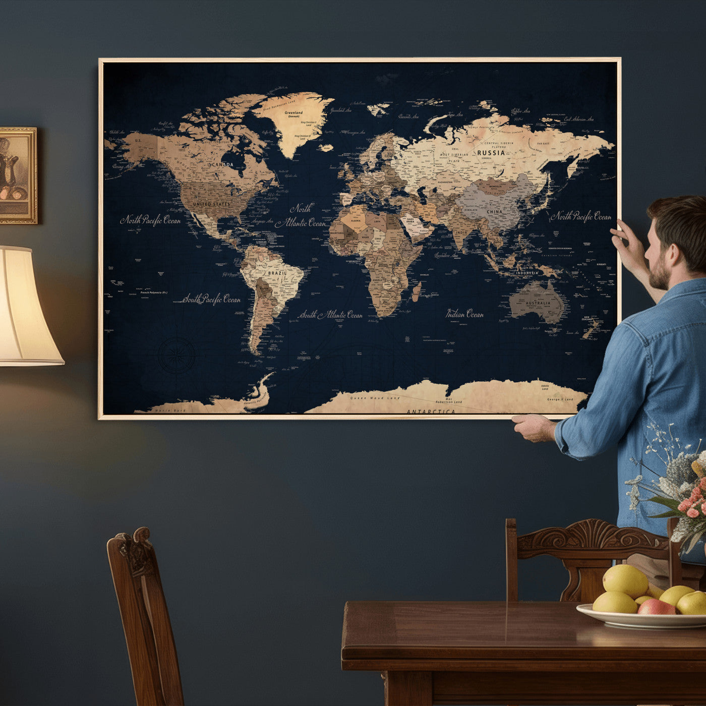 53971530-MGV-CV-36X24 - World Map Wall Art Canvas Print, Modern Decorative Framed Map Artwork Prints for Living Room, Office, Bedroom Wall Decor