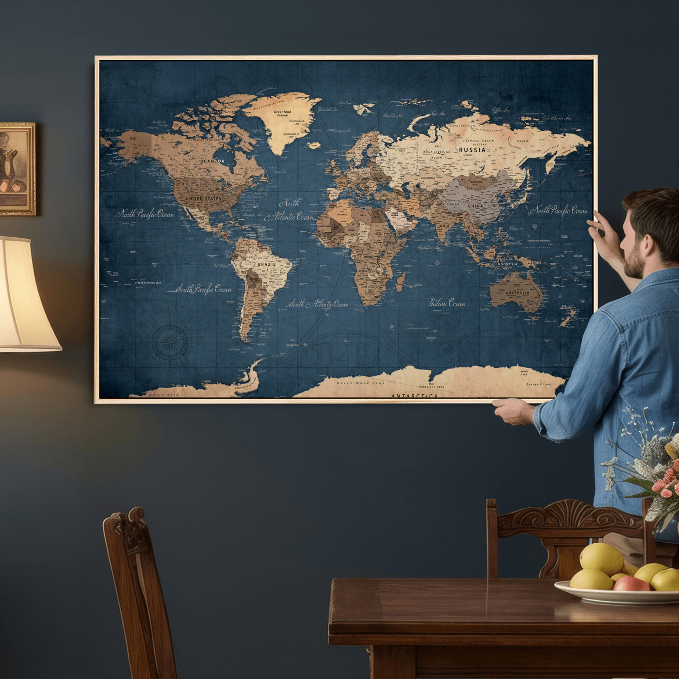 69886352-MGV-CV-36X24 - World Map Wall Art Canvas Print, Modern Decorative Framed Map Artwork Prints for Living Room, Office, Bedroom Wall Decor