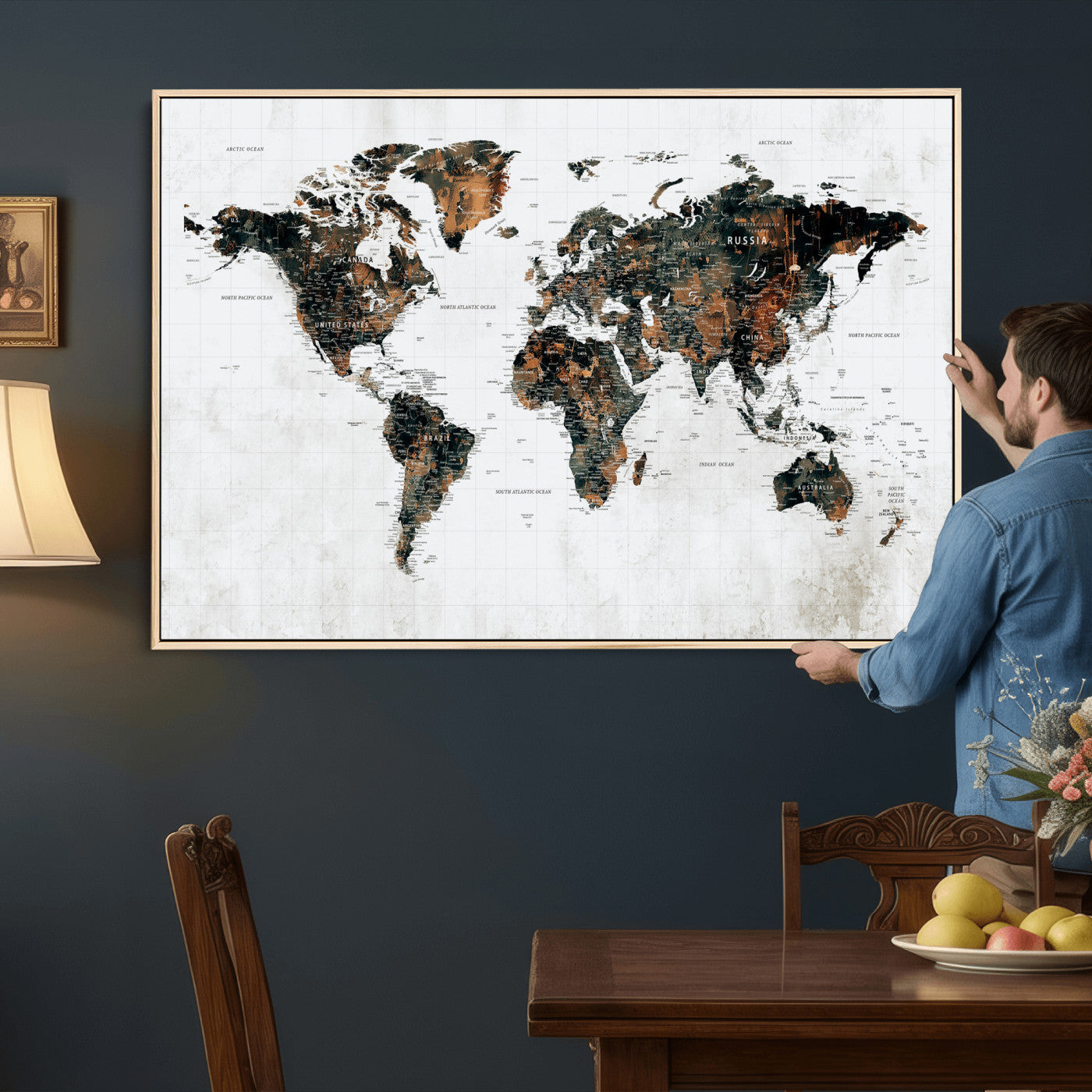 60008766-MGV-CV-36X24 - World Map Wall Art Canvas Print, Modern Decorative Framed Map Artwork Prints for Living Room, Office, Bedroom Wall Decor
