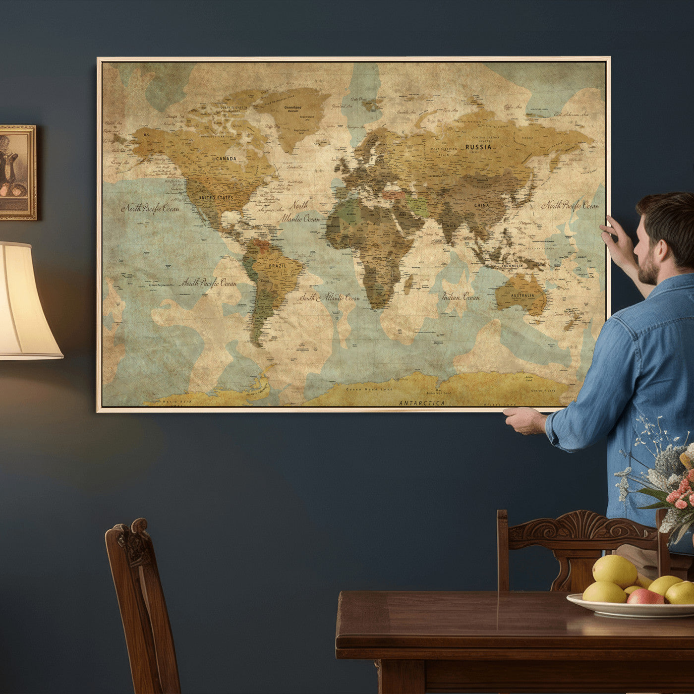 89356927-MGV-CV-36X24 - World Map Wall Art Canvas Print, Modern Decorative Framed Map Artwork Prints for Living Room, Office, Bedroom Wall Decor