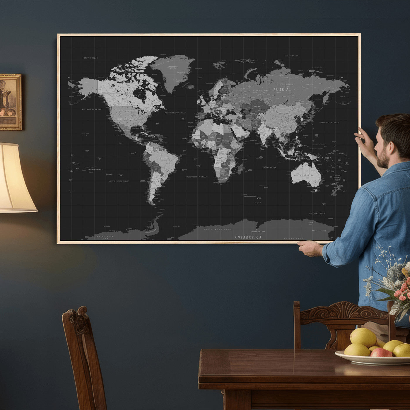 46160121-MGV-CV-36X24 - World Map Wall Art Canvas Print, Modern Decorative Framed Map Artwork Prints for Living Room, Office, Bedroom Wall Decor