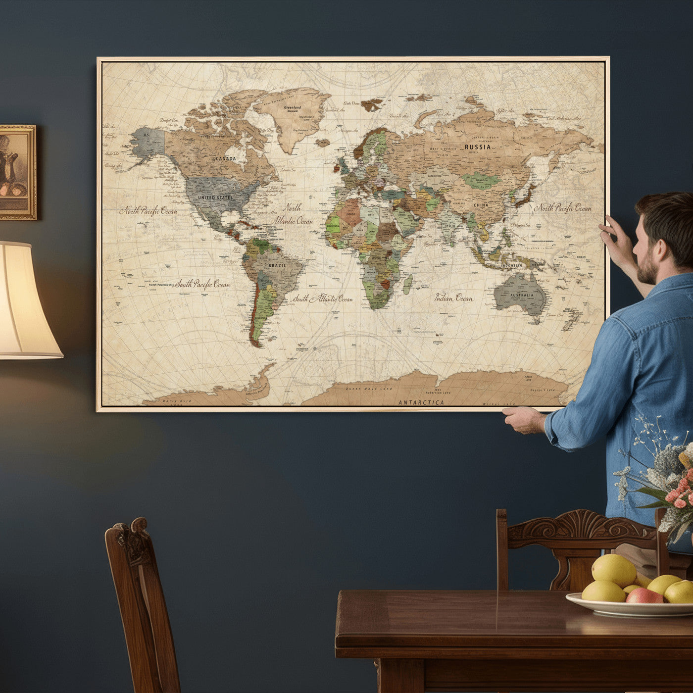 36735609-MGV-CV-36X24 - World Map Wall Art Canvas Print, Modern Decorative Framed Map Artwork Prints for Living Room, Office, Bedroom Wall Decor