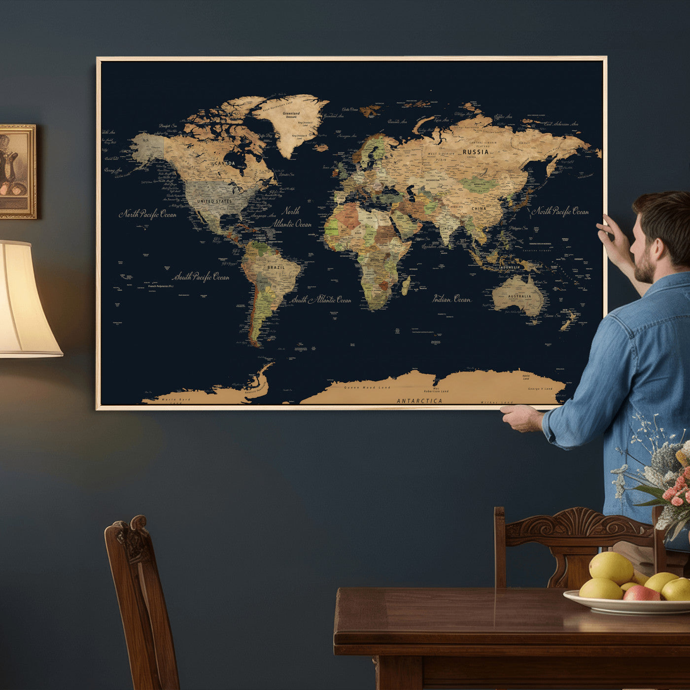 94449133-MGV-CV-36X24 - World Map Wall Art Canvas Print, Modern Decorative Framed Map Artwork Prints for Living Room, Office, Bedroom Wall Decor