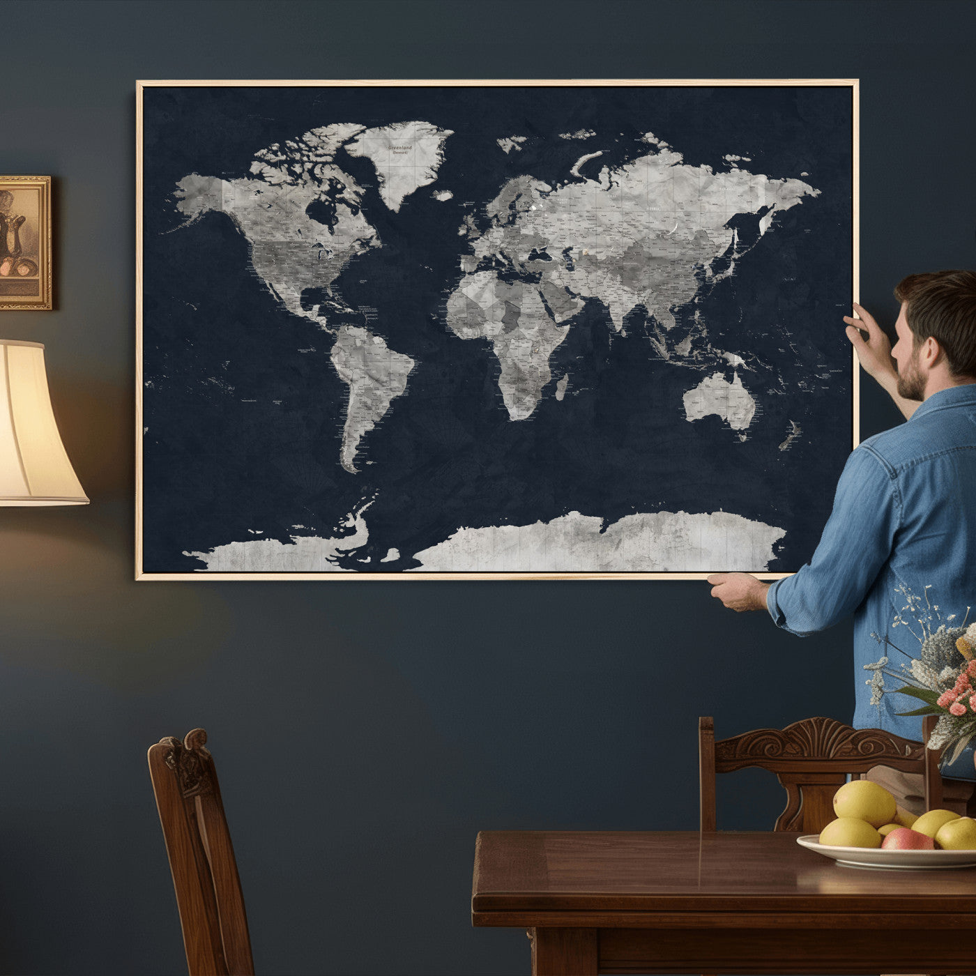 53886659-MGV-CV-36X24 - World Map Wall Art Canvas Print, Modern Decorative Framed Map Artwork Prints for Living Room, Office, Bedroom Wall Decor