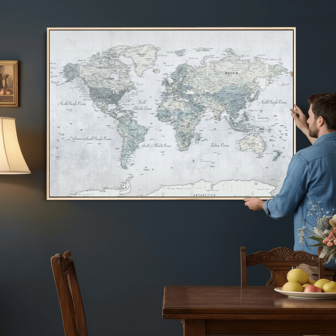 71091917-MGV-CV-36X24 - World Map Wall Art Canvas Print, Modern Decorative Framed Map Artwork Prints for Living Room, Office, Bedroom Wall Decor