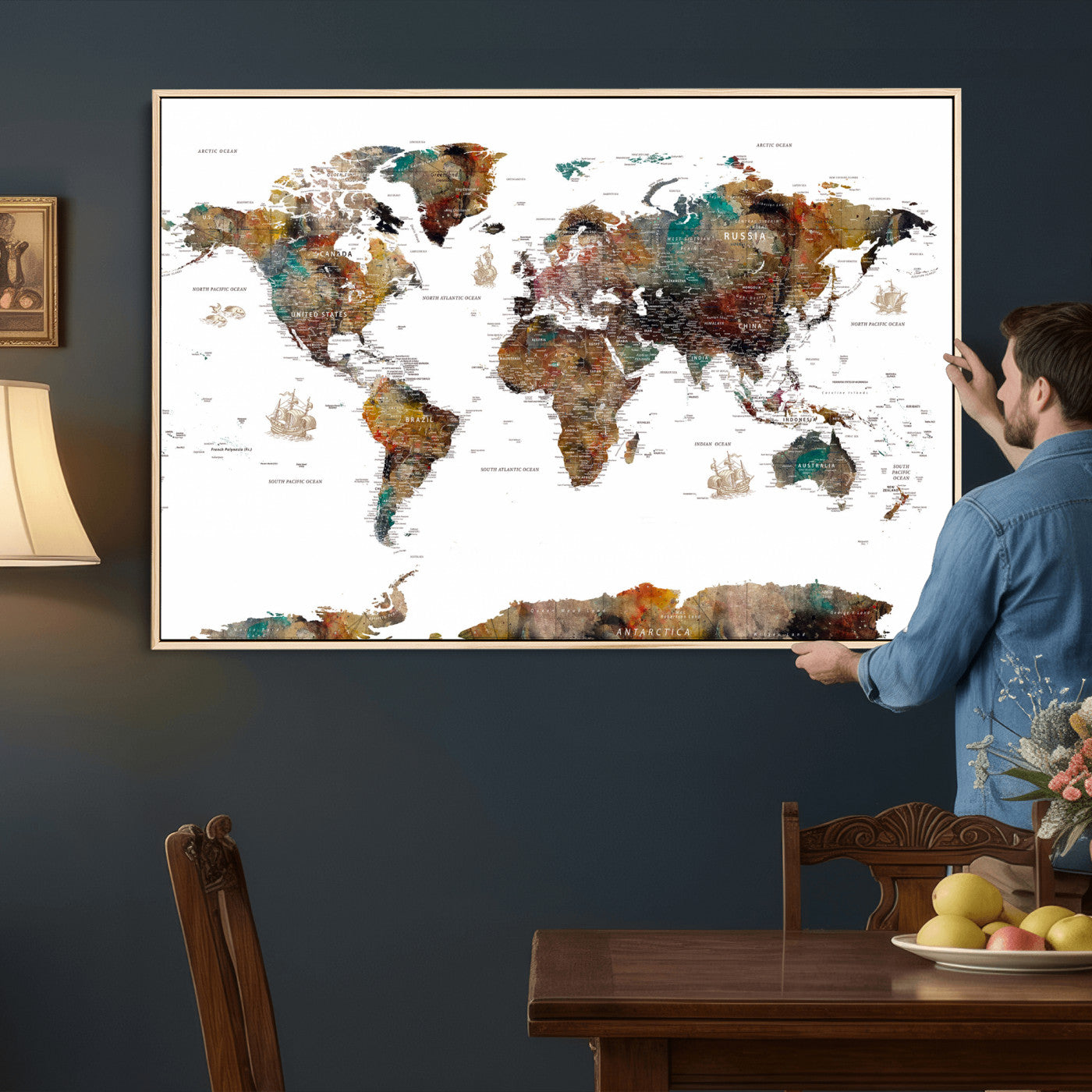 82293175-MGV-CV-36X24 - World Map Wall Art Canvas Print, Modern Decorative Framed Map Artwork Prints for Living Room, Office, Bedroom Wall Decor