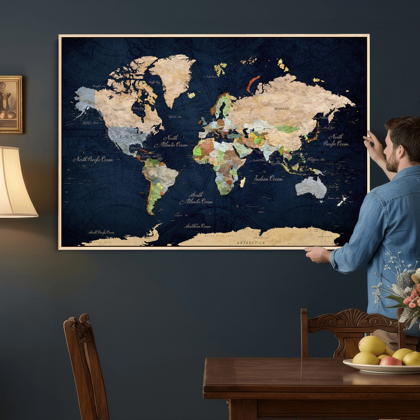 76603563-MGV-CV-36X24 - World Map Wall Art Canvas Print, Modern Decorative Framed Map Artwork Prints for Living Room, Office, Bedroom Wall Decor