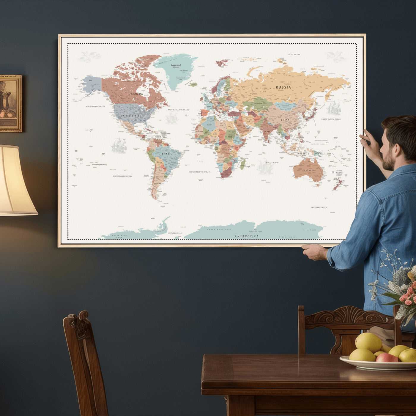 63447567-MGV-CV-36X24 - World Map Wall Art Canvas Print, Modern Decorative Framed Map Artwork Prints for Living Room, Office, Bedroom Wall Decor